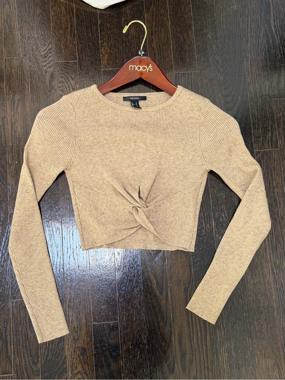 New Forever 21 Women's Tan Ribbed Twist-Front Long Sleeve Top